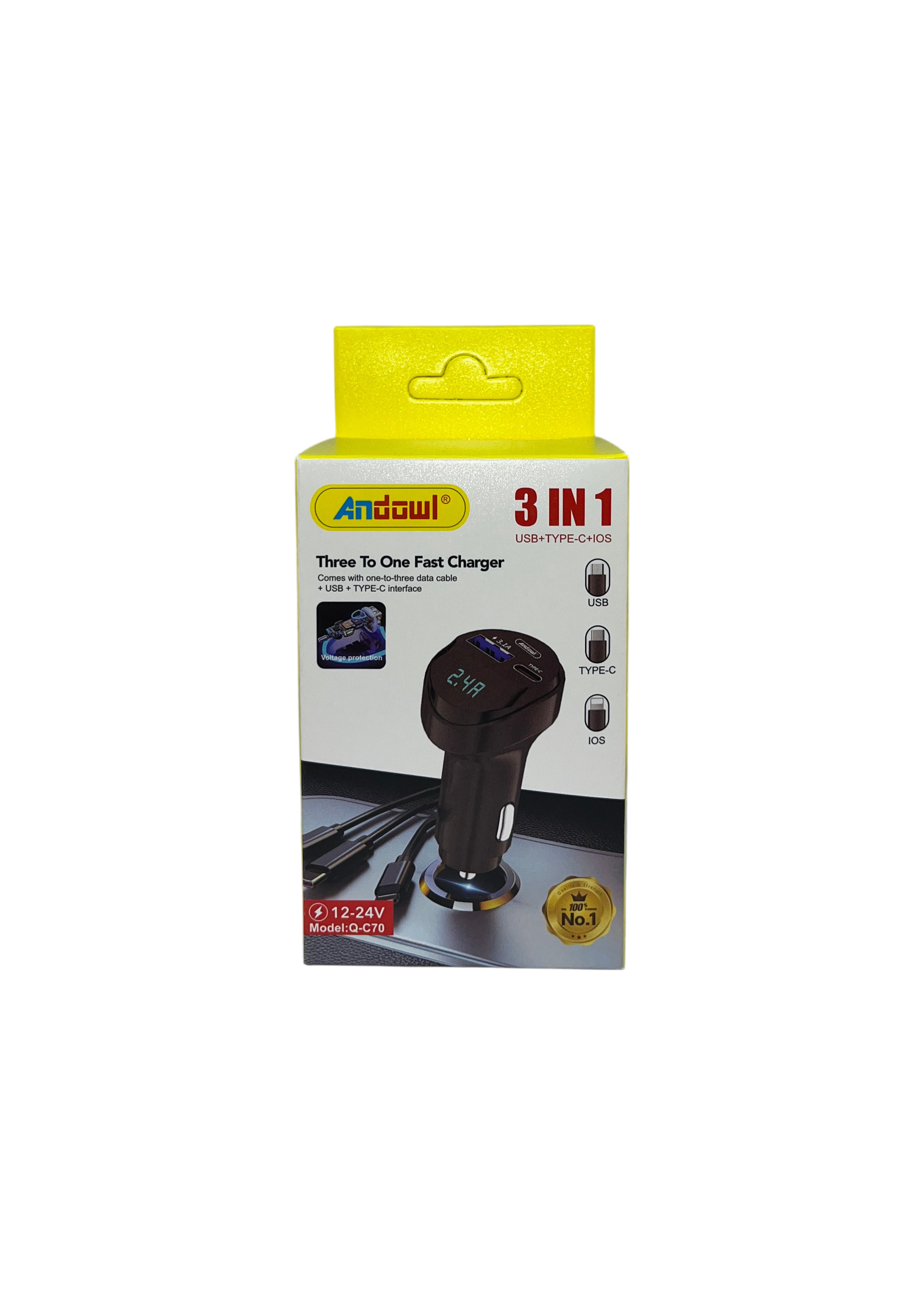 Auto punjač C70 sa kablom za brzo punjenje (USB + Type-C + iOS)