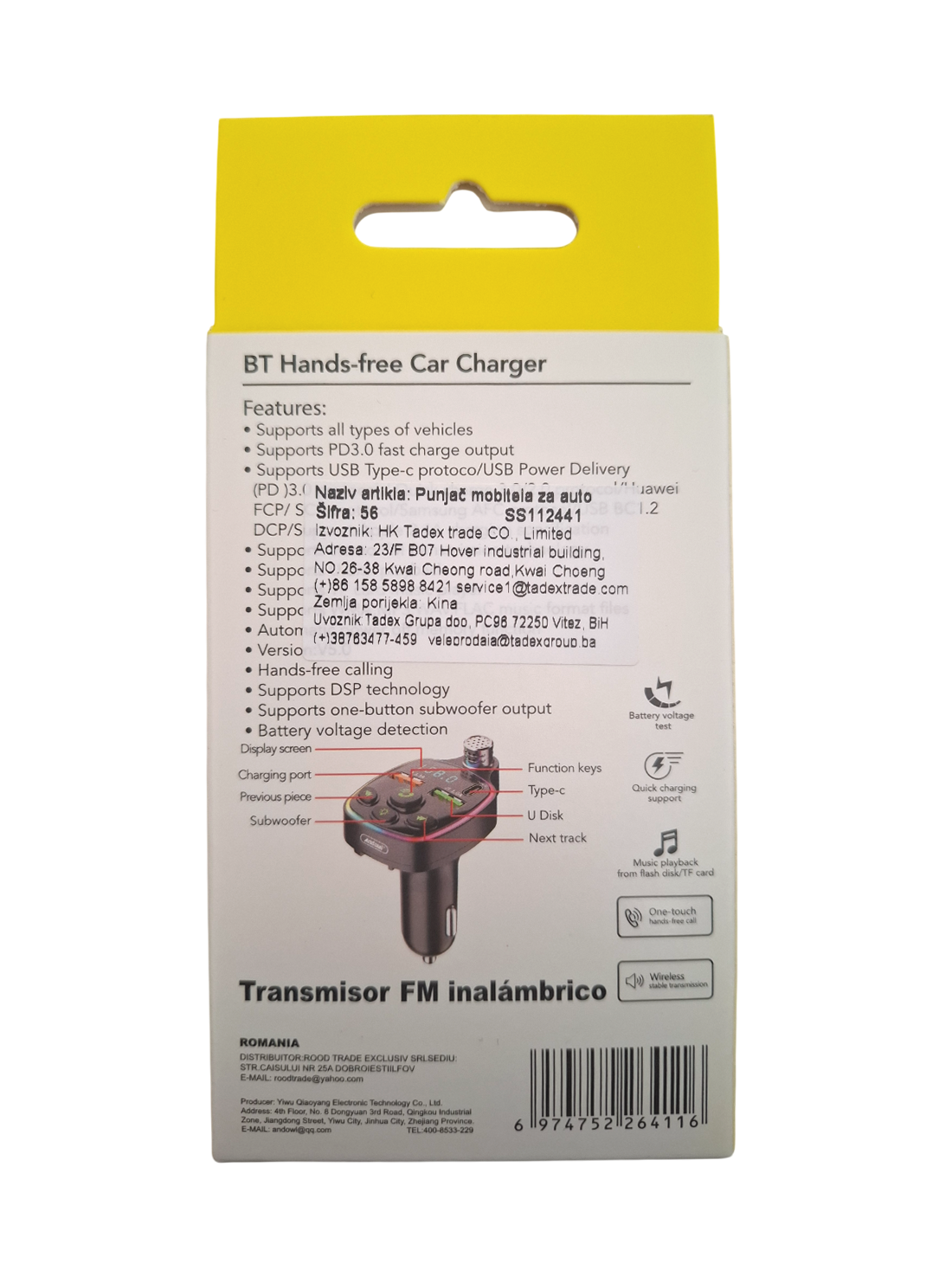 Bežični FM transmiter i auto punjač QC71 sa Bluetooth funkcijom