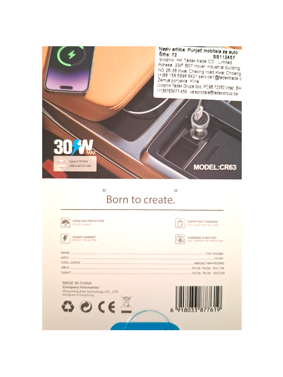 Auto punjač CR63 (PD 30W + QC 18W)