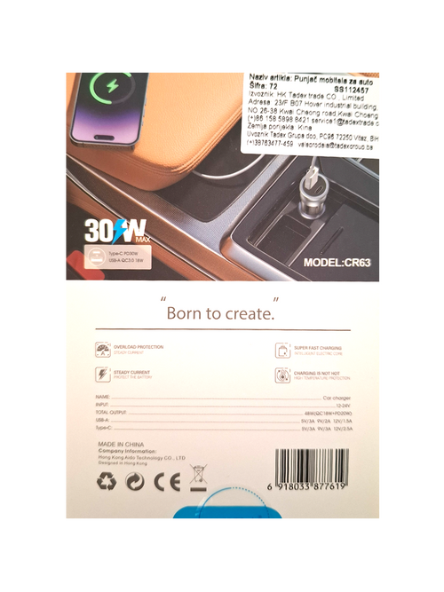Auto punjač CR63 (PD 30W + QC 18W)