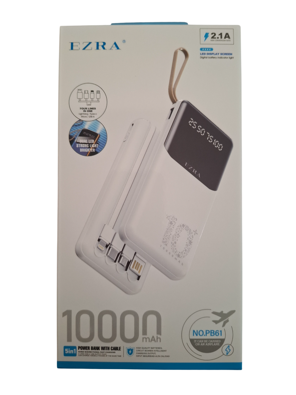 Prenosni punjač (Power Bank) sa kablovima PB61 10000 mAh bijeli
