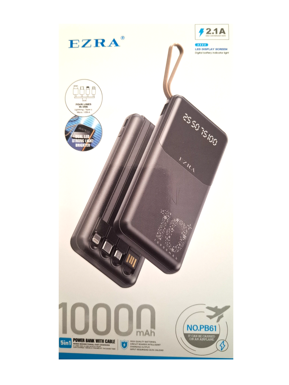 Prenosni punjač (Power Bank) sa kablovima PB61 10000 mAh crni